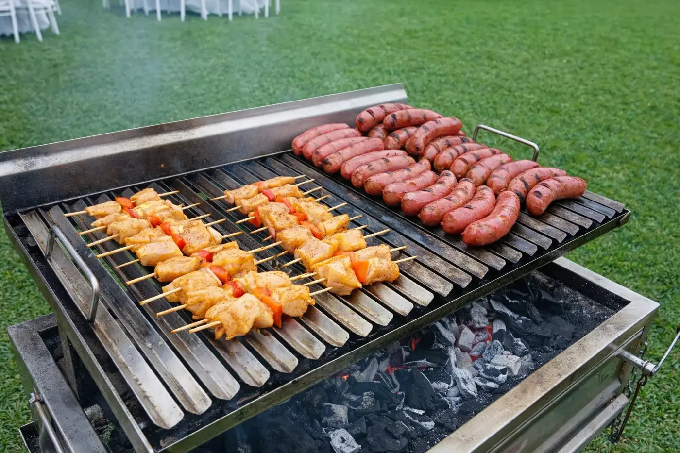 Parrilla con brochetas y chorizos